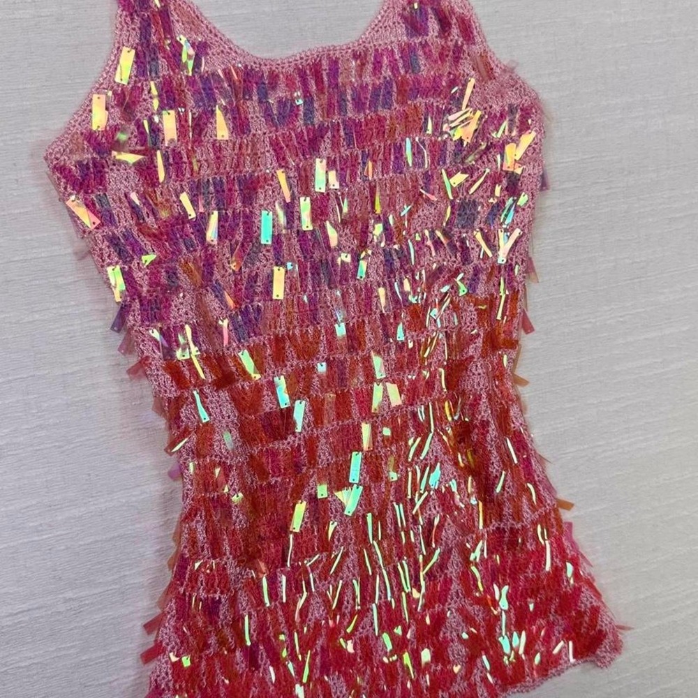 Y2K Pink Iridescent Sequin Crochet Cami Top Mcbling Fairycore Small